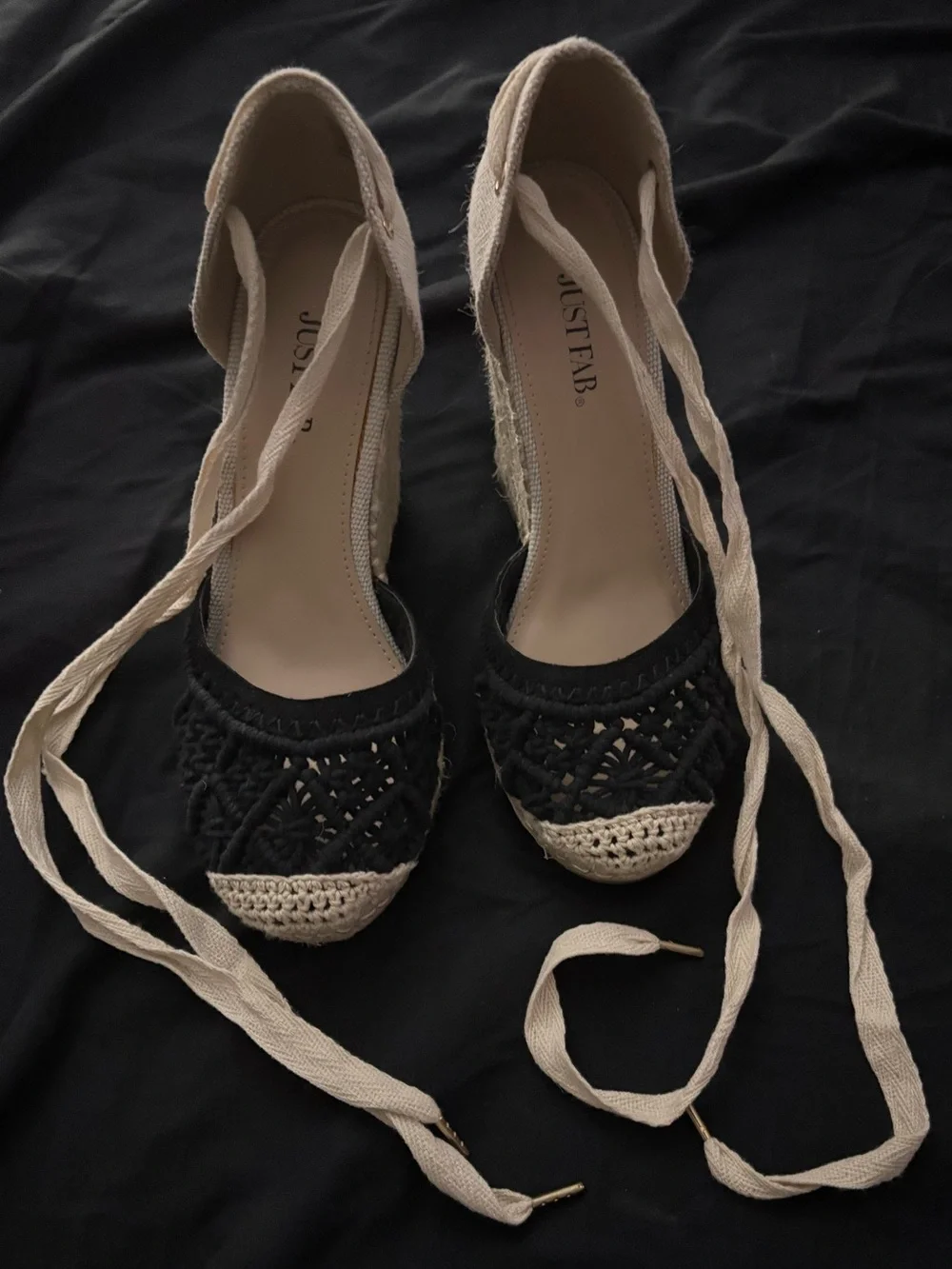 JustFab Black and Cream Lace-Up Espadrille Wedges